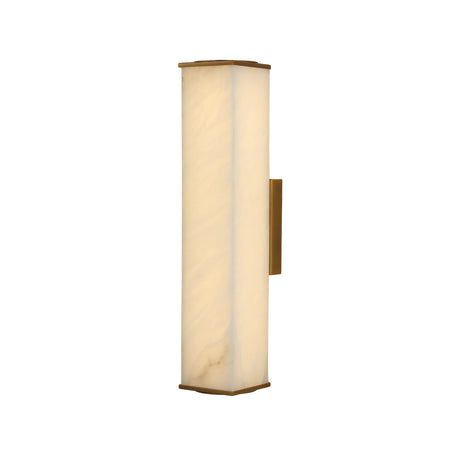 Valmere LED Linear Alabaster Wall Light with a rectangular natural alabaster panel in soft white, brass end caps and side mounting bracket, shown on a plain white background.