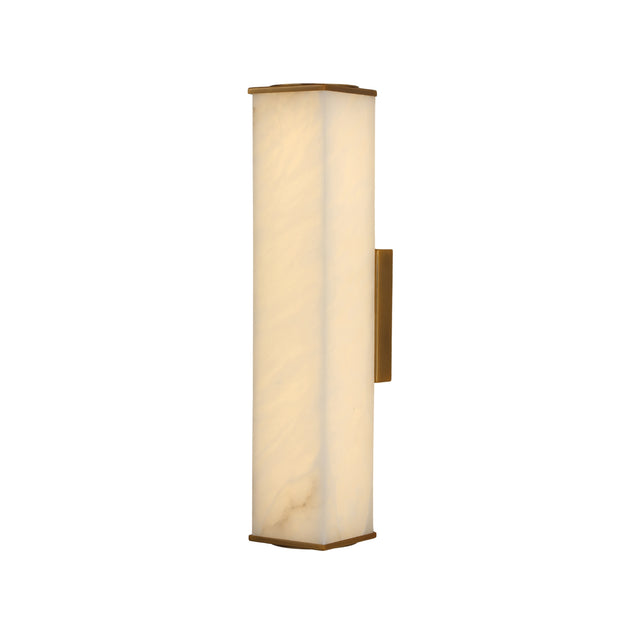 Valmere LED Linear Alabaster Wall Light with a rectangular natural alabaster panel in soft white, brass end caps and side mounting bracket, shown on a plain white background.