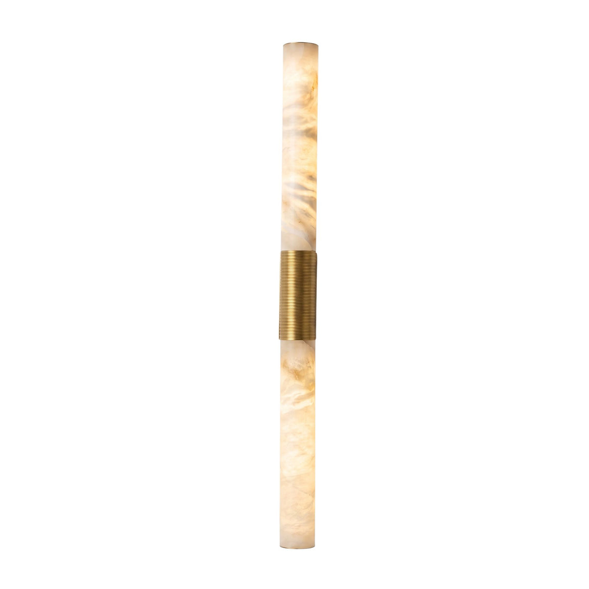 Niori Eryon LED Large Wall Light with twin natural Spanish alabaster columns joined by a ribbed brushed brass mount, on a plain white background.