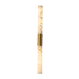 Niori Eryon LED Large Wall Light with twin natural Spanish alabaster columns joined by a ribbed brushed brass mount, on a plain white background.