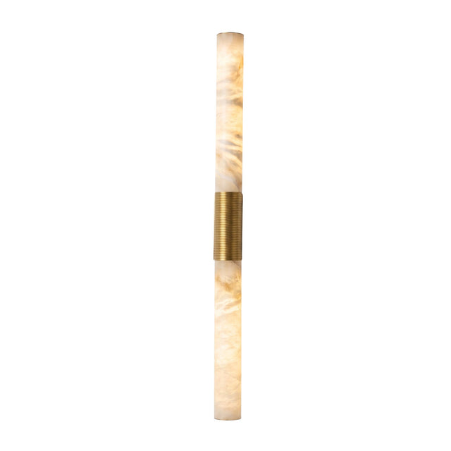 Niori Eryon LED Large Wall Light with twin natural Spanish alabaster columns joined by a ribbed brushed brass mount, on a plain white background.