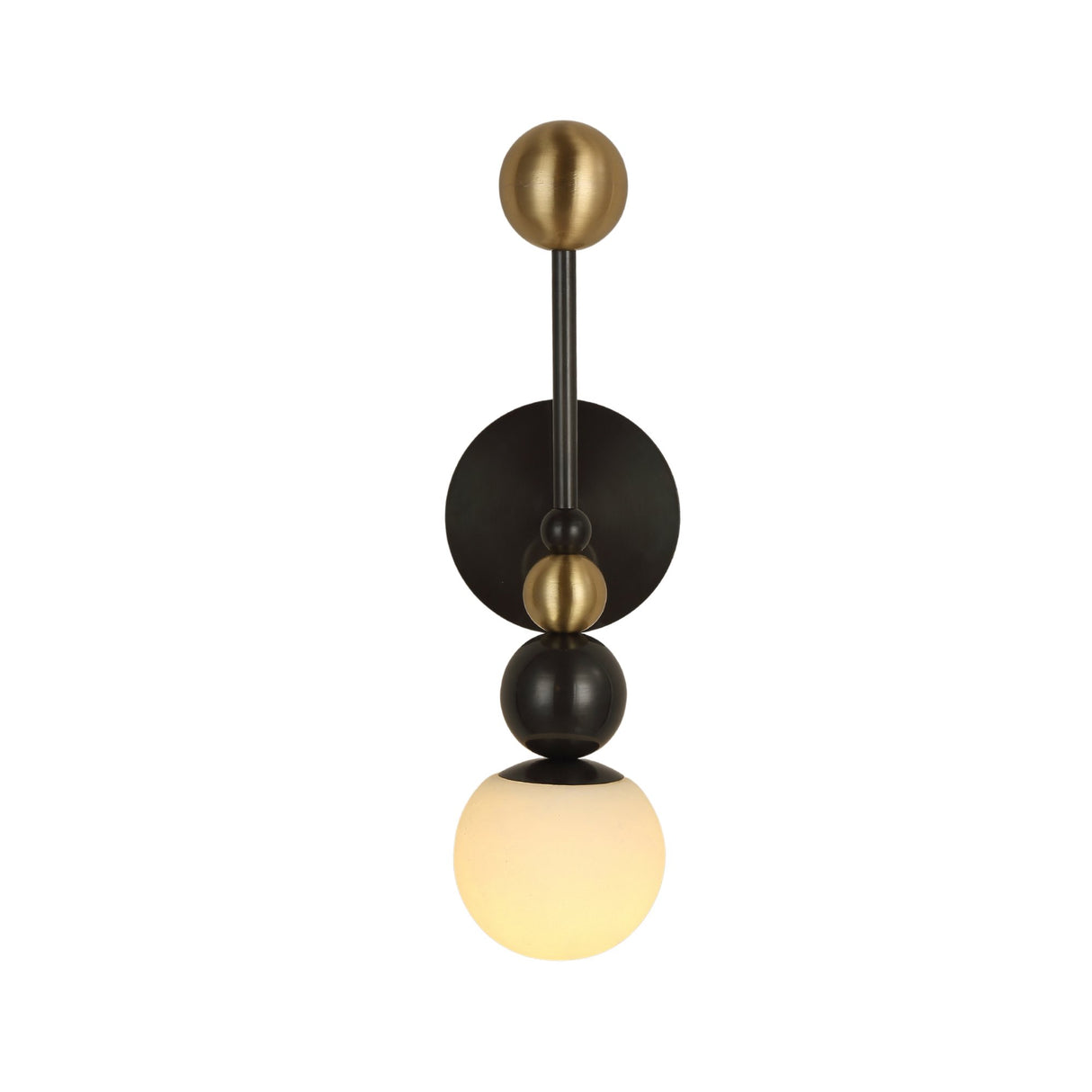 Niori Zeal Vertical Orb wall light with stacked brushed brass and matt black spheres above a glowing alabaster globe, on a plain white background.