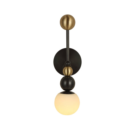 Niori Zeal Vertical Orb wall light with stacked brushed brass and matt black spheres above a glowing alabaster globe, on a plain white background.