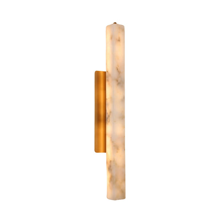 Selvara LED Large Alabaster Wall Light in Brushed Brass, a tall vertical alabaster column on a rectangular brass backplate, shown against a plain white background.