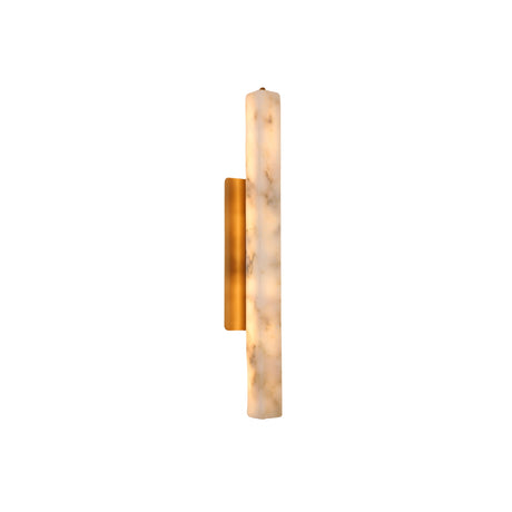 Selvara LED Medium Alabaster Wall Light in Brushed Brass, a vertical natural stone bar mounted offset on a brass backplate, shown on a plain white background.