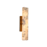 Selvara LED Medium Alabaster Double Wall Light with two vertical alabaster bars glowing warm white on a brushed brass backplate, shown against a plain white background.