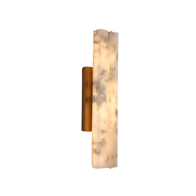 Selvara LED Medium Alabaster Double Wall Light with two vertical alabaster bars glowing warm white on a brushed brass backplate, shown against a plain white background.