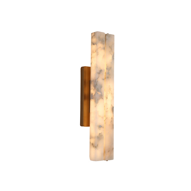 Selvara Small double wall light with two offset alabaster panels in a brushed brass frame, illuminated warm-white LED, shown on a plain white background.