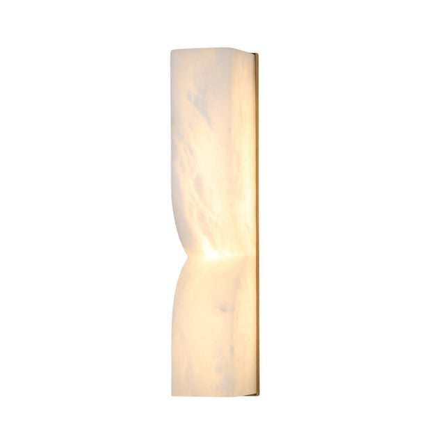 Vera LED Small Silhouette Alabaster Wall Light in soft white, an elongated hourglass-shaped column with brushed brass edge detail, illuminated from within, shown on a plain white background.