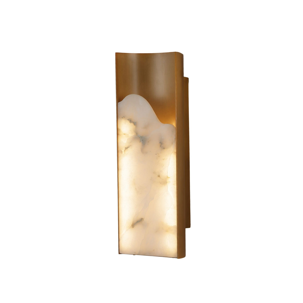 Niori Caelith Medium carved alabaster wall light with a tall vertical stone panel and brushed brass surround, shown against a plain white background.