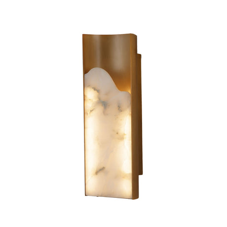 Niori Caelith LED large wall light with a tall carved Spanish alabaster panel in a brushed brass frame, shown lit against a white background.