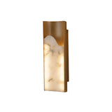 Niori Caelith LED Small carved alabaster wall light with brushed brass surround and glowing veined stone panel, shown on a plain background.