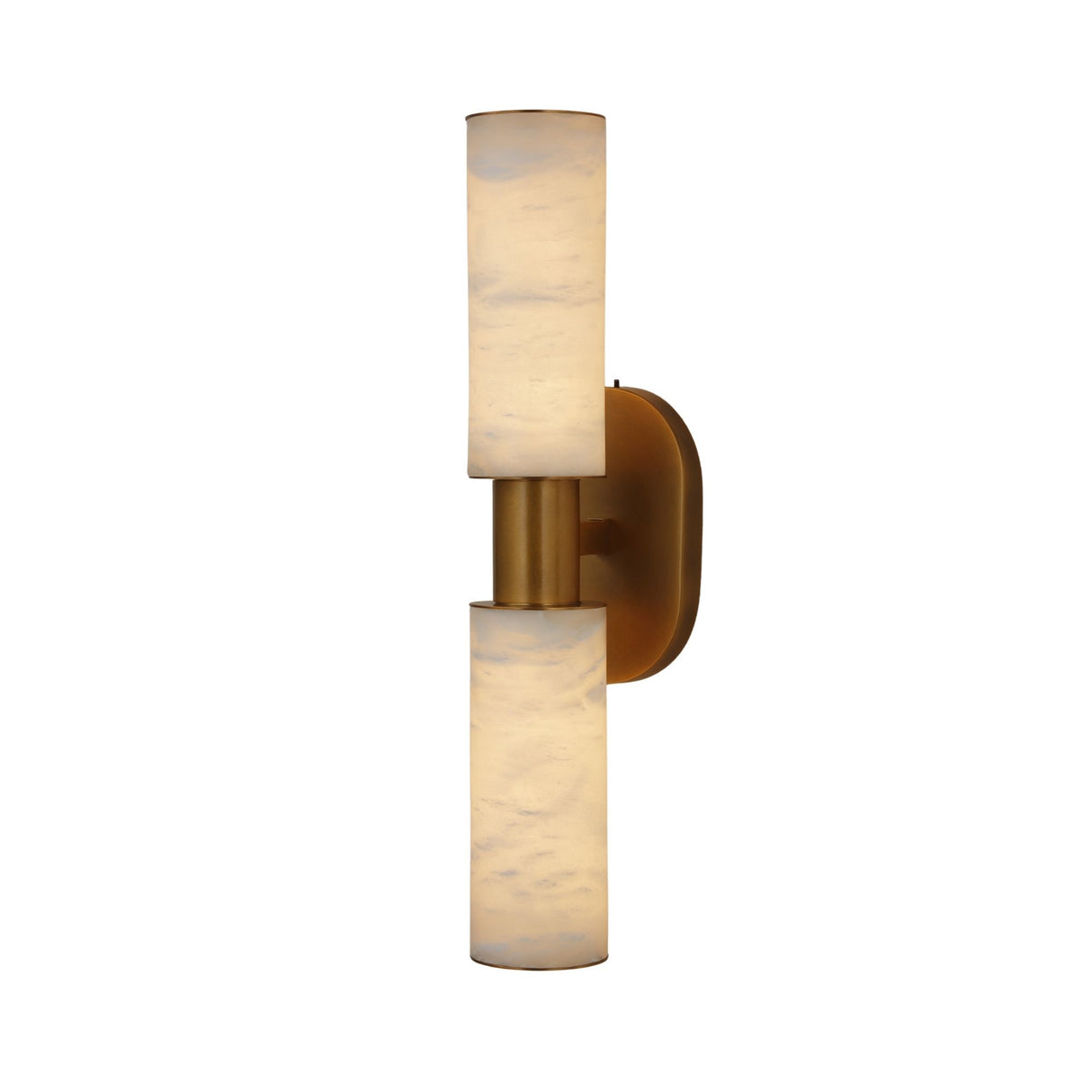 Niori Lumara 2 Light Twin Tube wall light with vertically stacked alabaster cylinders and a brushed brass collar and backplate, on a white background.