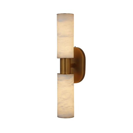 Niori Lumara 2 Light Twin Tube wall light with vertically stacked alabaster cylinders and a brushed brass collar and backplate, on a white background.