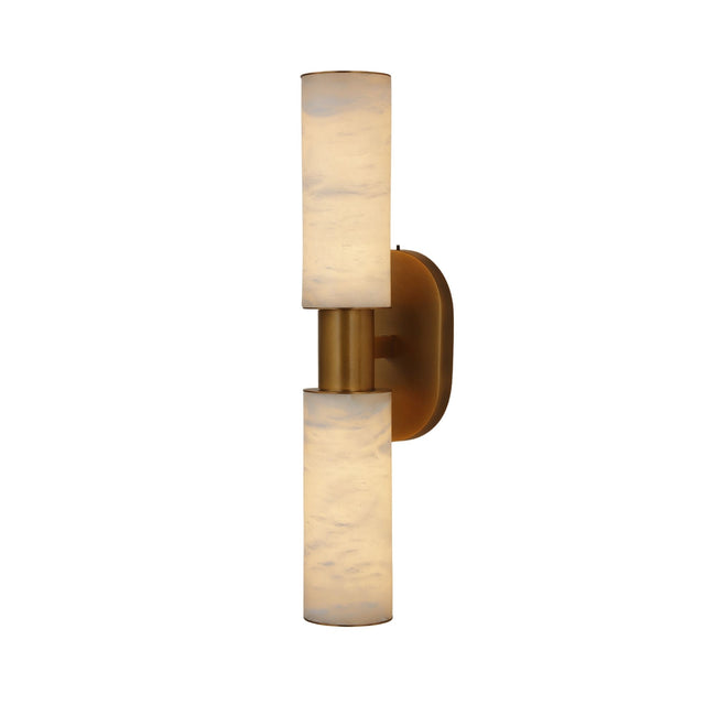 Niori Lumara 2 Light Twin Tube wall light with vertically stacked alabaster cylinders and a brushed brass collar and backplate, on a white background.