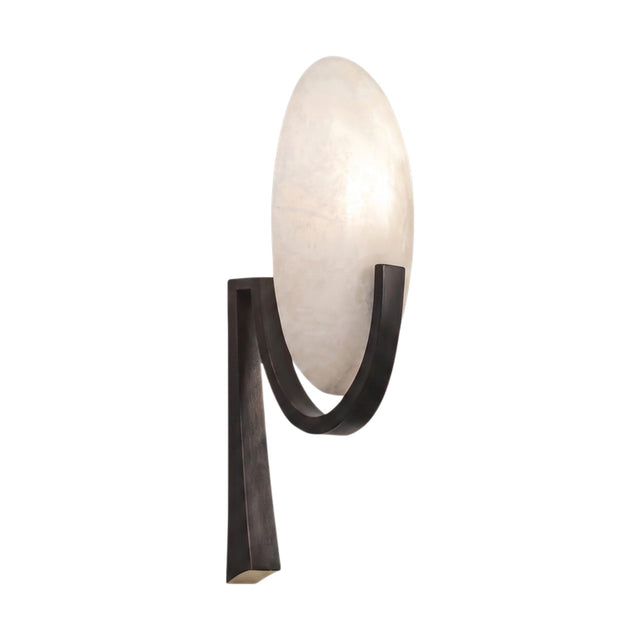 Mica 1 Light Disc Alabaster Wall Light in Matt Black, showing a large ovoid alabaster plate cradled by a curved black metal arm on a plain white background.