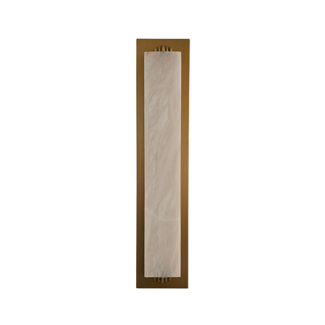 Niori Valora LED vertical wall light with a tall natural alabaster panel set in a brushed brass rectangular backplate, on a plain white background.