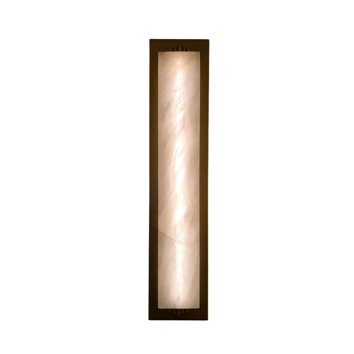 Niori Valora LED vertical wall light illuminated, showing a tall Spanish alabaster panel with mineral veining set in a brushed brass rectangular frame.