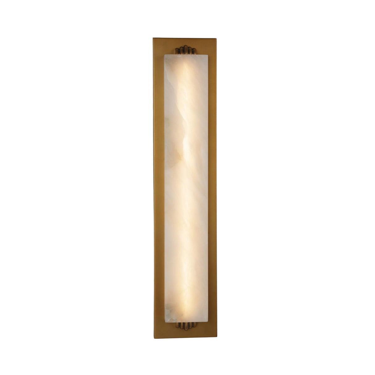 Niori Valora vertical wall light with tall illuminated alabaster panel set in a brushed brass rectangular backplate with cleat fixings, on white.