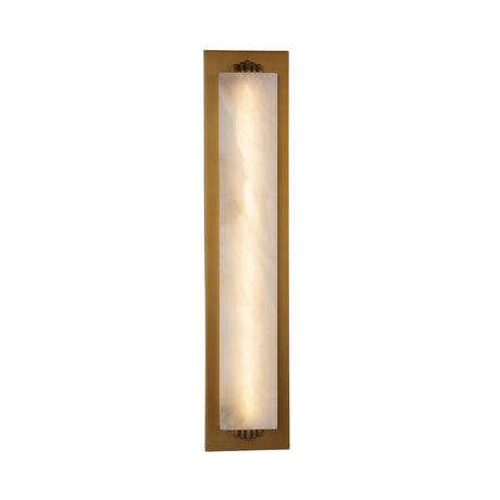 Niori Valora vertical wall light with tall illuminated alabaster panel set in a brushed brass rectangular backplate with cleat fixings, on white.