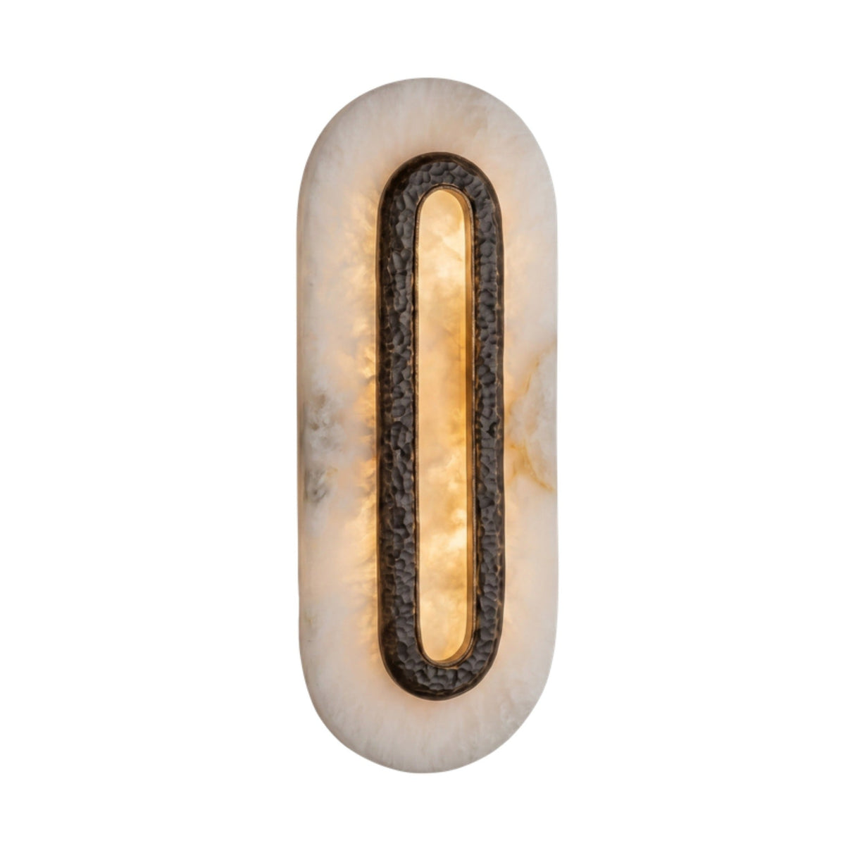 Ovaline LED oval wall light with a hammered brass ring set into a tall stadium-shaped alabaster plate, glowing warm white on a plain background.