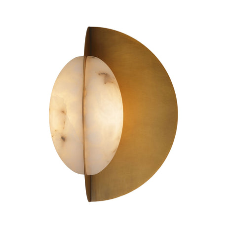 Niori Althia LED wall light with rounded Spanish alabaster diffuser set against a half-moon brushed brass backplate bisected by a horizontal disc.