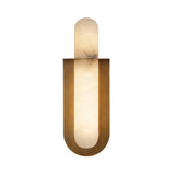 Niori Luneth LED Large alabaster wall light with a vertical stone rod cradled in a brushed brass U-shaped backplate on a white background.