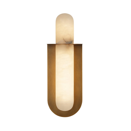 Niori Luneth LED Large alabaster wall light with a vertical stone rod cradled in a brushed brass U-shaped backplate on a white background.