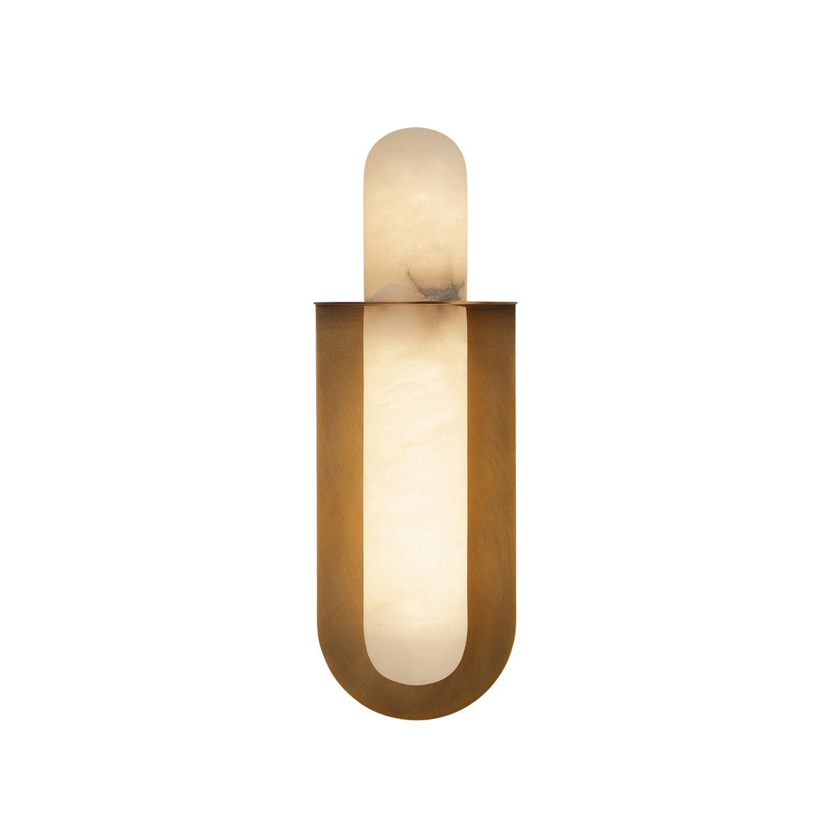 Niori Luneth Small LED wall light with cylindrical Spanish alabaster column set in a curved brushed brass cradle, shown on a plain white background.
