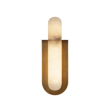 Niori Luneth Small LED wall light with cylindrical Spanish alabaster column set in a curved brushed brass cradle, shown on a plain white background.