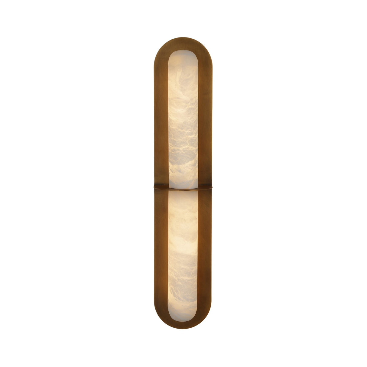 Niori Eliora LED alabaster wall light with brushed brass rounded-end surround, central horizontal bar dividing two lit stone panels, on white background.