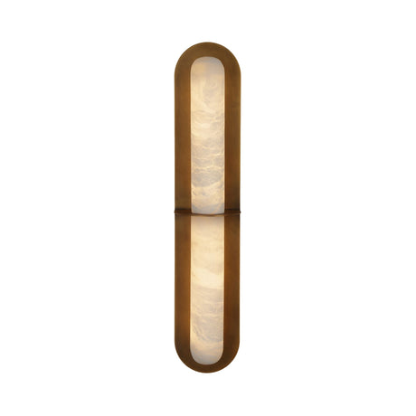 Niori Eliora LED alabaster wall light with brushed brass rounded-end surround, central horizontal bar dividing two lit stone panels, on white background.