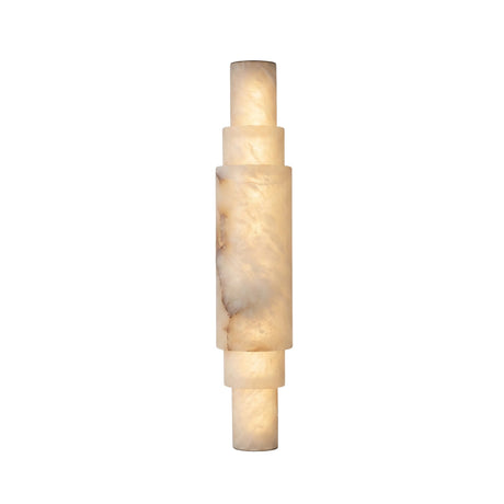 Niori Aurelia LED wall light with stacked cylindrical natural alabaster sections and brushed brass end caps, shown on a plain white background.