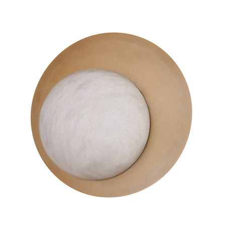 Niori Lunara round wall light with a hand-cut white alabaster disc set on a brushed brass circular backplate, shown on a plain white background.