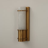 Niori Averna Small wall light with cylindrical Spanish alabaster column held by brushed brass bands and curved cuff on a rectangular backplate.