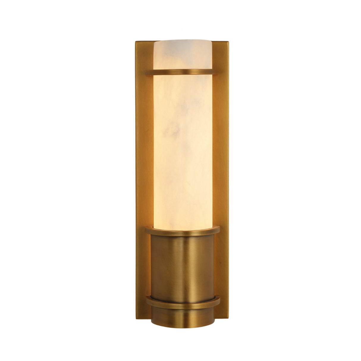 Niori Averna Small LED wall light with a natural alabaster cylinder framed by a brushed brass backplate, bands and cuff, shown on a white background.