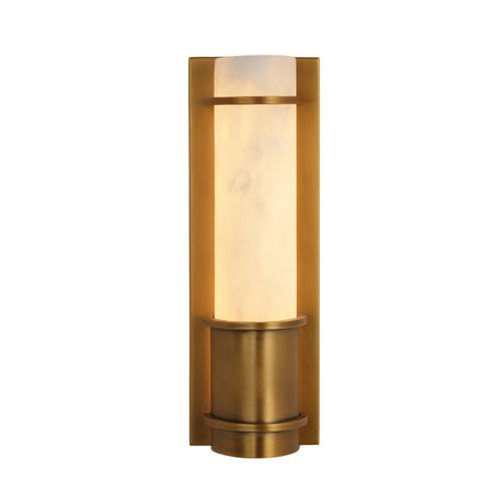 Niori Averna Small LED wall light with a natural alabaster cylinder framed by a brushed brass backplate, bands and cuff, shown on a white background.