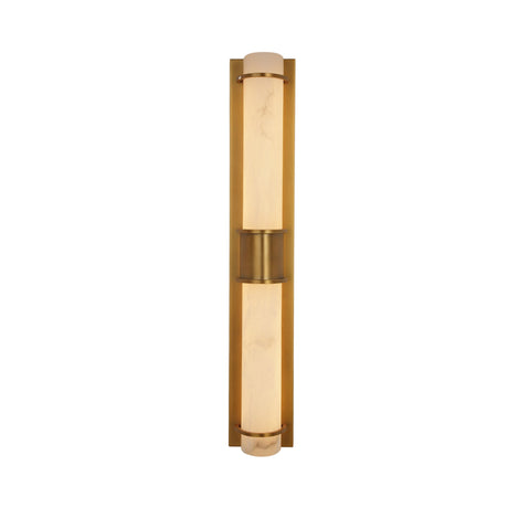 Niori Averna LED framed alabaster wall light in brushed brass, with two stacked veined alabaster cylinders joined by a central brass collar.