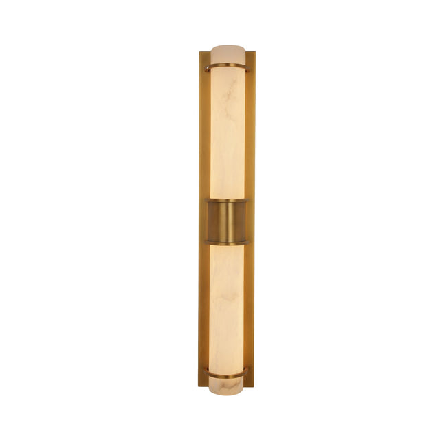 Niori Averna LED framed alabaster wall light in brushed brass, with two stacked veined alabaster cylinders joined by a central brass collar.