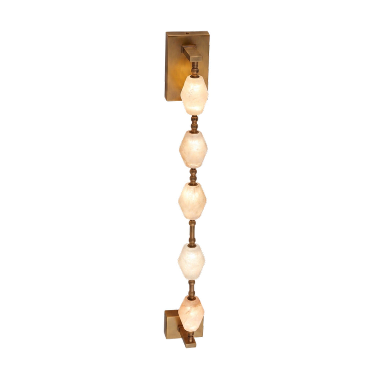 Brisalda 5 Light Faceted Alabaster Wall Light in Brushed Brass, five hexagonal alabaster stones stacked vertically between two brass backplates on a plain white background.