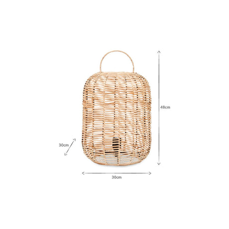 Noko Small Rattan Table Lamp in natural rattan, barrel-shaped lantern body with domed top and bent handle, open horizontal weave, shown with dimensions on a white background.