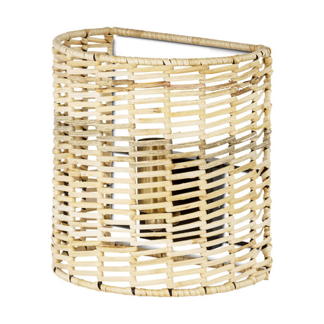 Noko Small Rattan Wall Light in natural rattan, a half-drum woven sconce with open top and bottom revealing the brass fitting, shown on a plain white background.