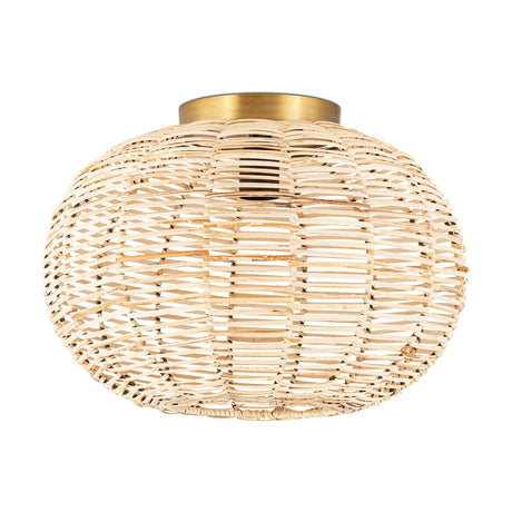 Noko Rattan Flush Ceiling Light in natural rattan, a flattened globe shade with open woven strips and a round brass ceiling plate, shown against a plain white background.