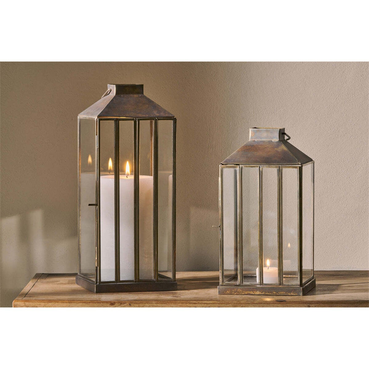 Nampo Large Glass Panel Lantern - Aged Antique
