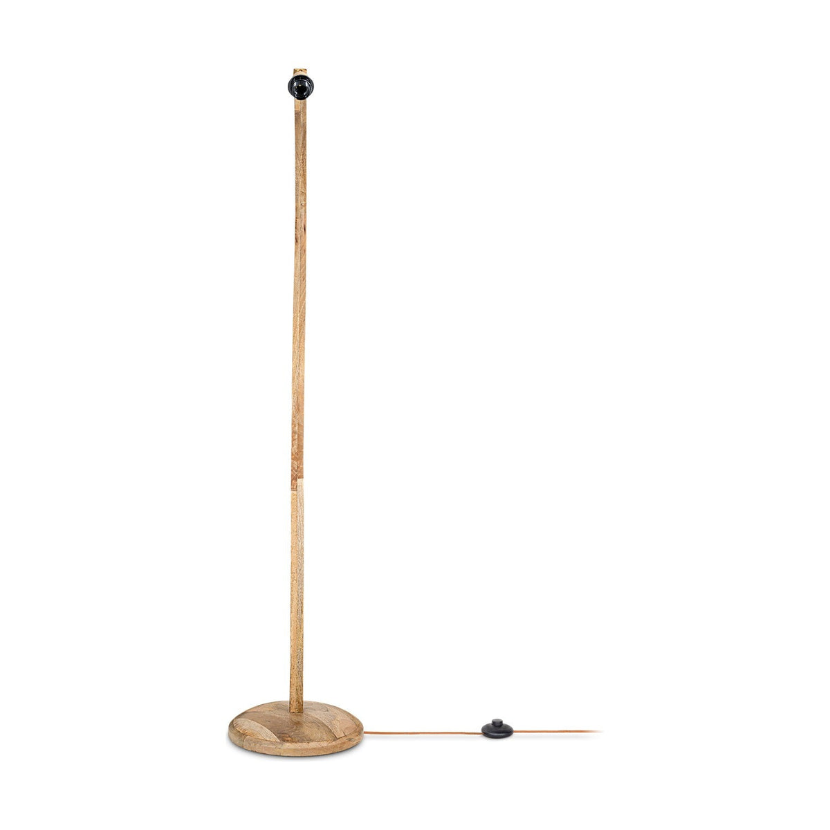 Namira Mango Wood Floor Lamp Base in natural finish, a tall wooden post on a round base with a black bulb fitting and inline foot switch, on a white background.