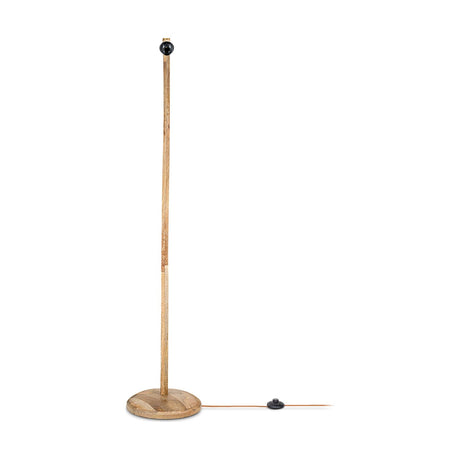 Cranvanne Mango Wood Floor Lamp Base in natural finish, a tall wooden post on a round base with a black bulb fitting and inline foot switch, on a white background.