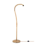 Namira Mango Wood Floor Lamp Base in natural wood with a round foot, curved arch post and brass E27 lampholder, inline foot switch, shown on a white background.