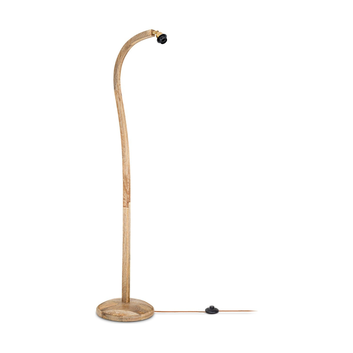 Namira Mango Wood Floor Lamp Base in natural finish, curved arching post from a round wooden foot to a brass fitting with black lampholder, trailing cord with foot switch, on a plain white background.