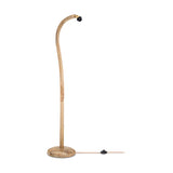 Namira Mango Wood Floor Lamp Base in natural finish, curved arching post from a round wooden foot to a brass fitting with black lampholder, trailing cord with foot switch, on a plain white background.