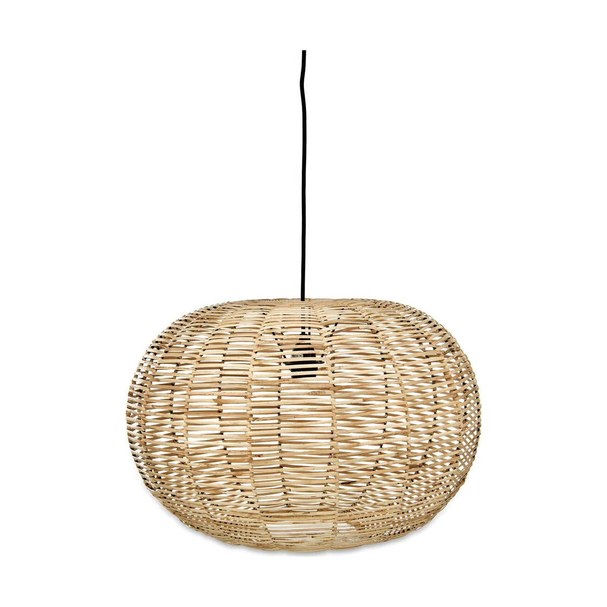 Noko Large Wicker Round Pendant Light in natural wicker, a flattened globe shade with open woven ribs on black flex, shown against a plain white background.